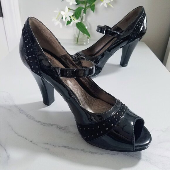 Sofft Studded Black Leather Open-Toe Heels - Picture 1 of 8